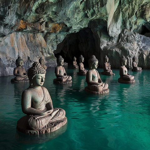 洞穴内水中的多座佛像雕塑