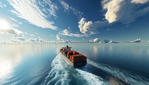 货轮航行海面小岛远景