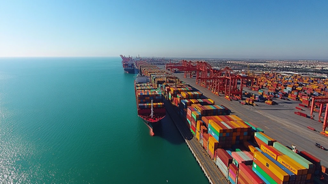 国际港口集装箱船整齐排列