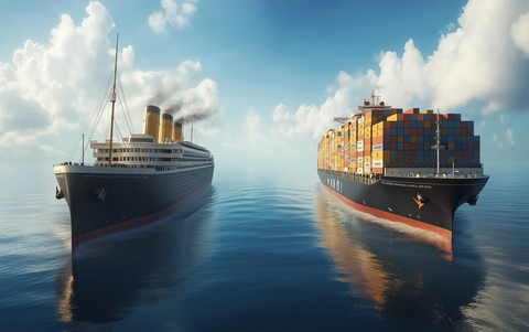 泰坦尼克号与现代货轮并航