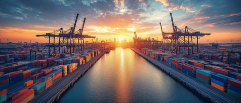 港口夕阳下的起重机与集装箱