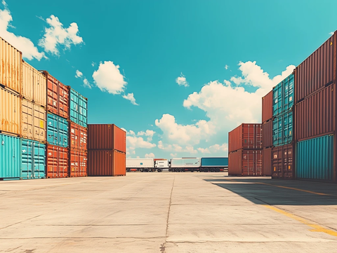 蓝色红色棕色集装箱堆放