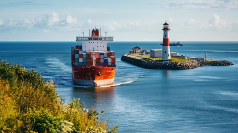 货船驶向灯塔与海岸建筑