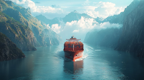 货船通过狭窄海峡远眺山脉