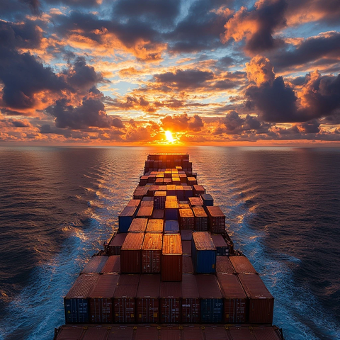 橙蓝集装箱船驶向日出