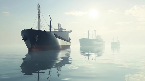 货船平静海面倒影