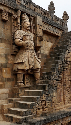 古代石雕武士像及周边建筑特写