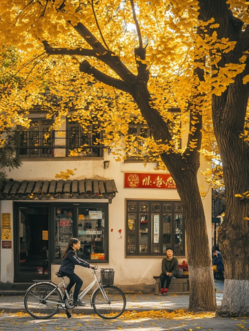 银杏树下骑自行车的女子与坐着的人