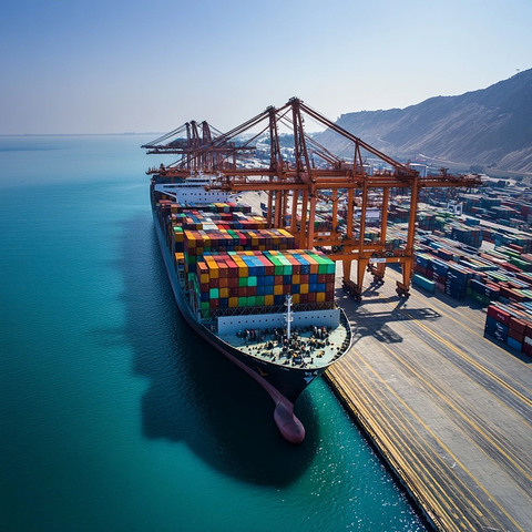 集装箱船停靠码头忙碌场景