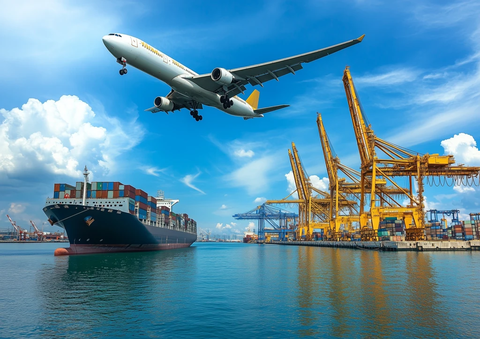 飞机飞越港口货运船与起重机