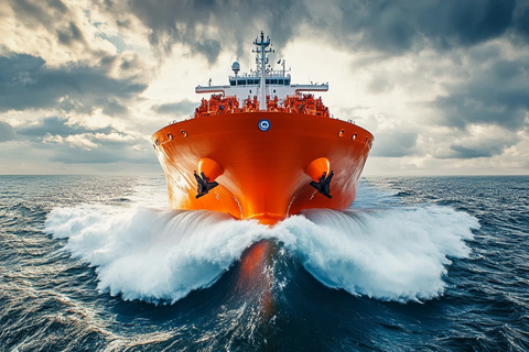 橙色气船迎浪航行