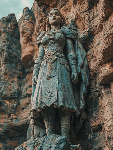 岩石边身着盔甲的女性雕像近景