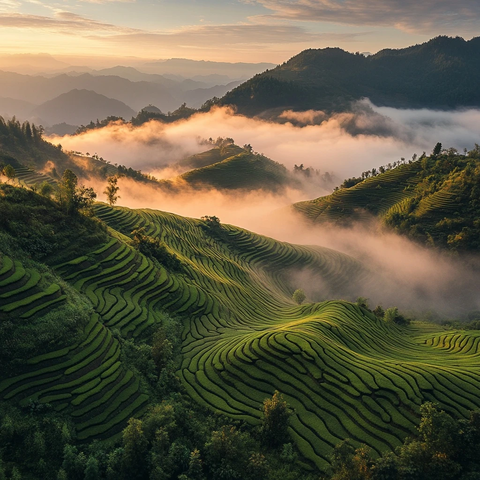 云雾缭绕茶山梯田