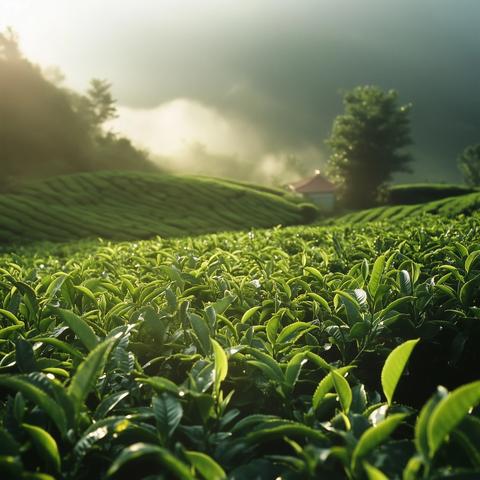 茶园晨光与茶屋轻烟