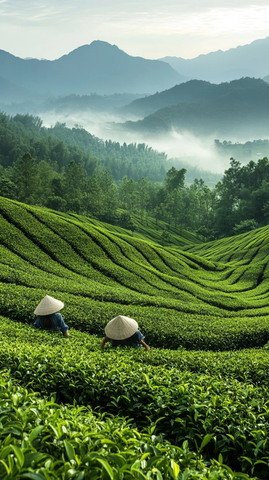 妇女采茶山坡梯田
