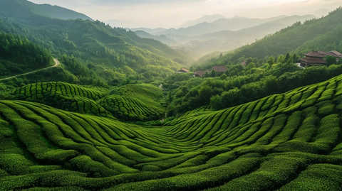 绿茶叶片与心形涟漪