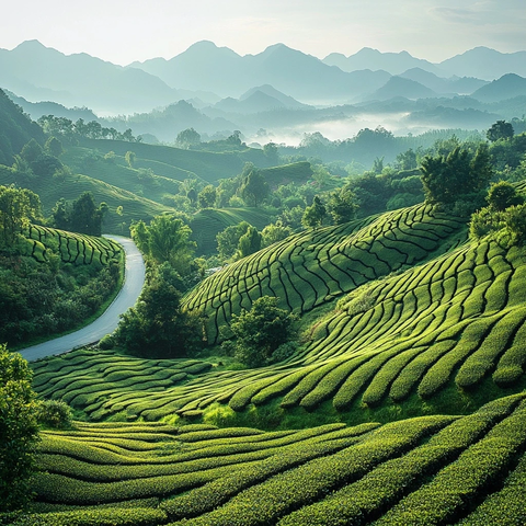 茶园梯田垂柳飞鸟飘花