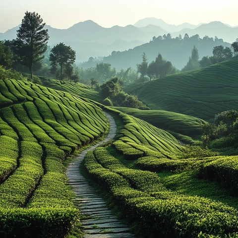 茶园梯田晨雾山路
