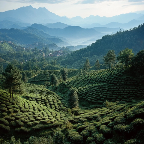 鸟瞰茶树林立的群山