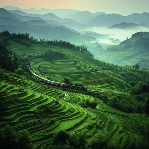 绿色梯田中的火车