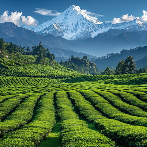 茶田远望雪山延绵
