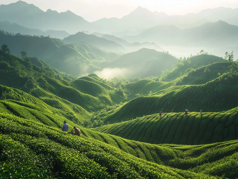 茶园绿叶采摘全景