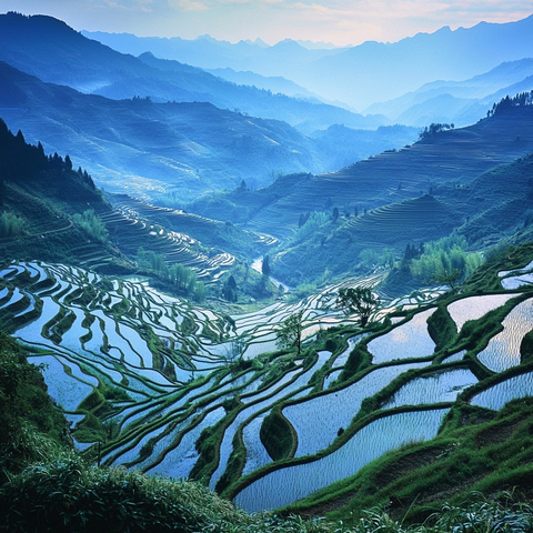 梯田稻苗种植景象