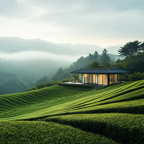 绿意茶田与现代茶屋
