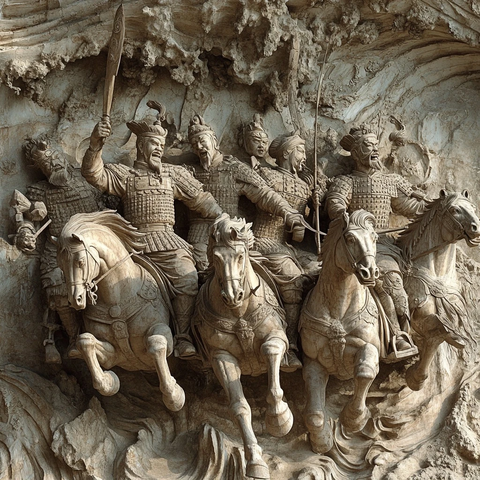 古代将士骑马作战的雕塑