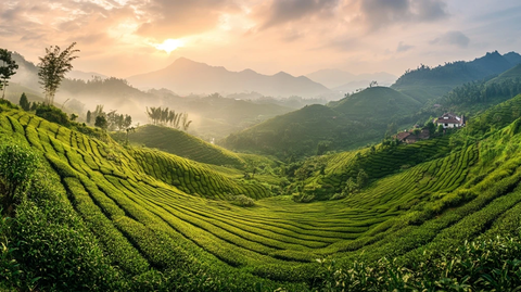 晨光茶园露珠山影