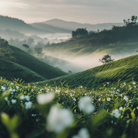 茶山晨雾中的茉莉花瓣