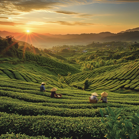 茶园日落采茶人忙碌
