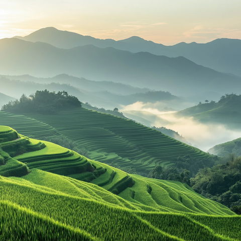 山巅稻田与晨雾山谷