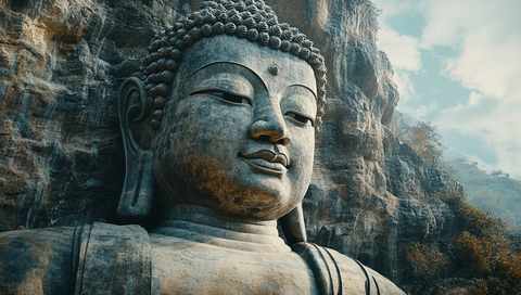 巨型石佛雕像依山而刻的壮观景象
