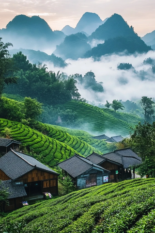 云雾缭绕茶园采茶忙