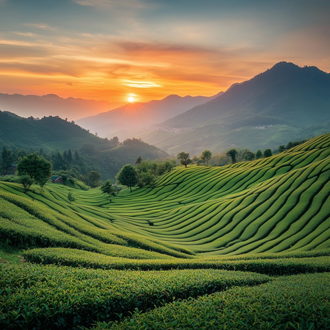 茶园山景夕阳映照