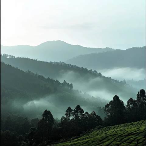 雾气缭绕的山间景色