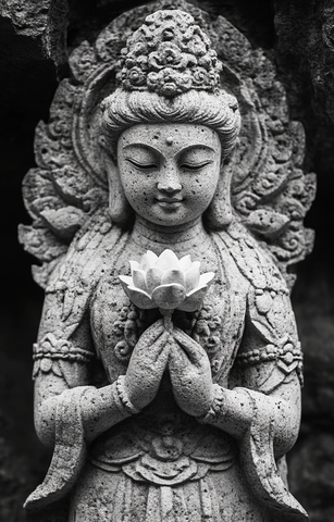 双手合十持莲花的石雕佛像