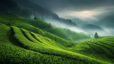 茶园梯田茶树采摘场景