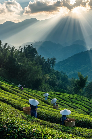 清晨茶园采茶人