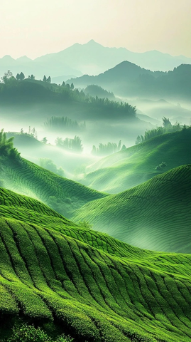 绿茶田雾气缭绕