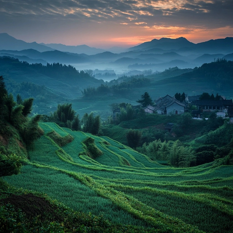 黄昏田野宁静景象