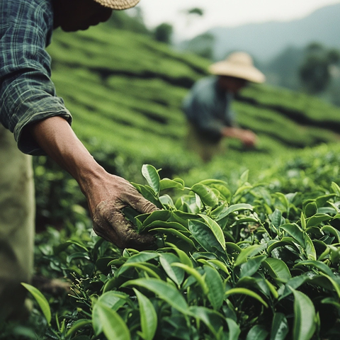 茶农采摘茶叶特写