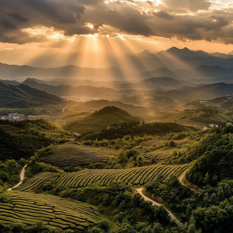 阳光穿透云层照耀茶园