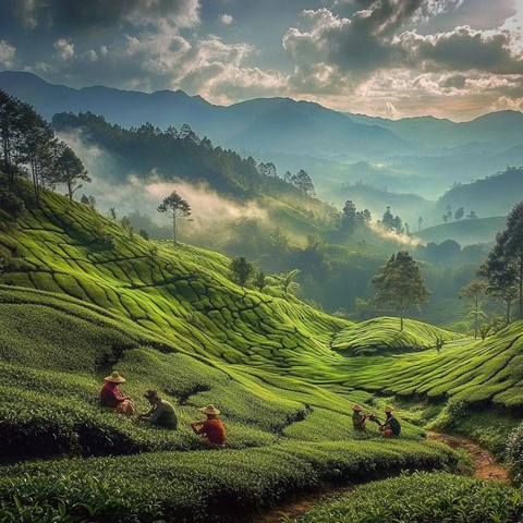 茶农采摘茶叶场景