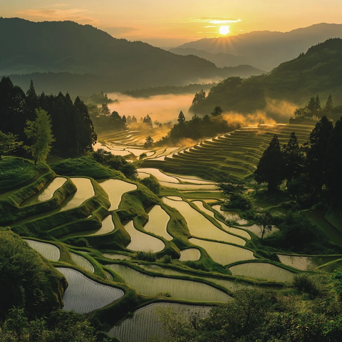 梯田晨光稻田雾气缭绕