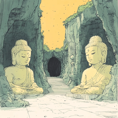 石洞内两尊佛像相对的场景