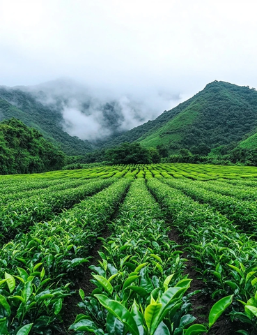 茶山云雾与翠绿茶田