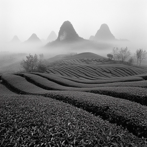 茶田雾气缭绕远山隐约可见