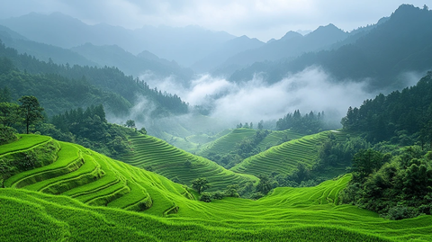 梯田草甸晨雾山林